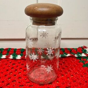 Vintage JG Snowflake Clear Glass Canister with Teak Lid